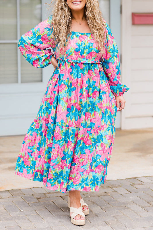 Sky Blue Floral Allover Print Square Neck Plus Size Maxi Dress - Sky Blue / 1X - Plus Size Dresses