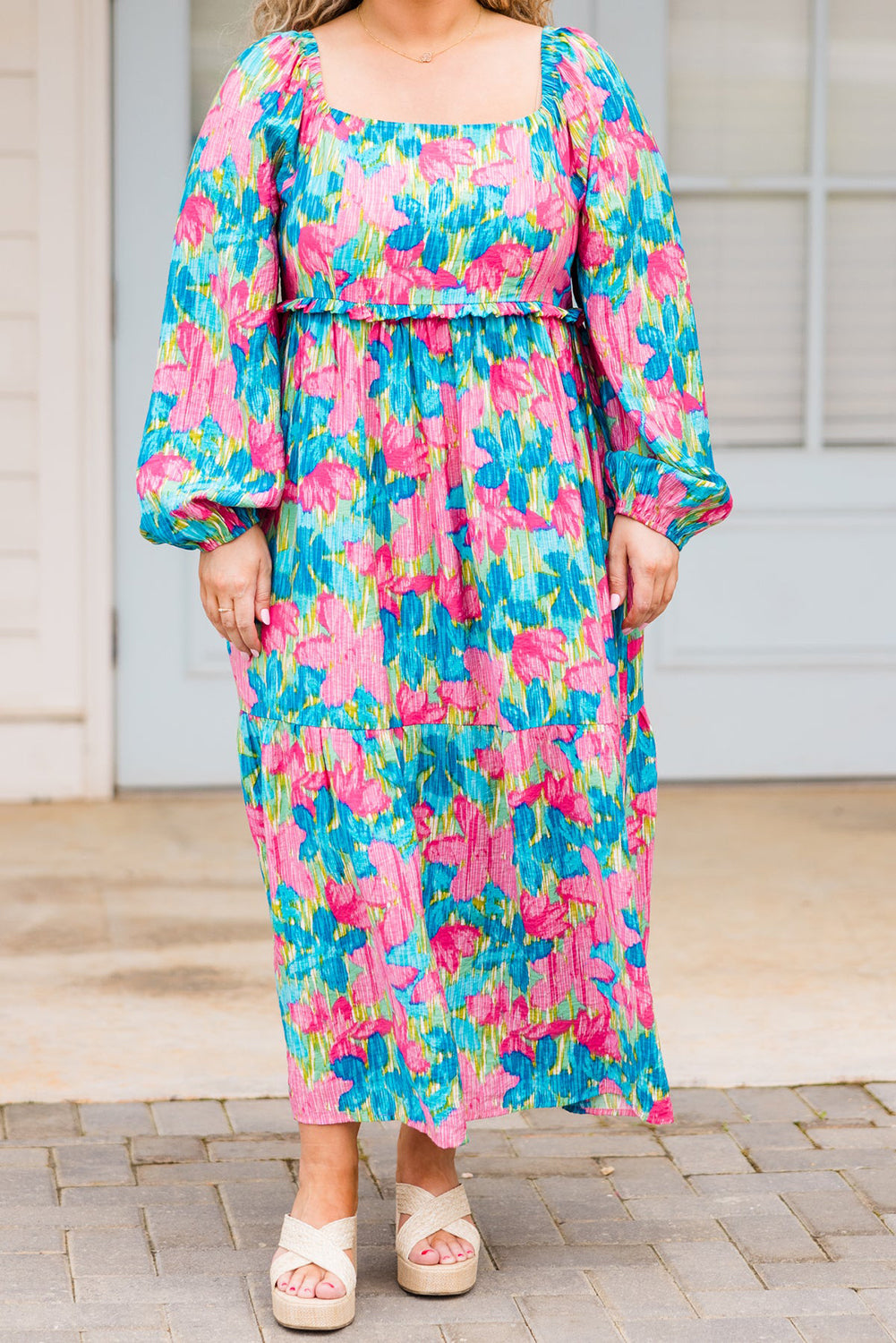 Sky Blue Floral Allover Print Square Neck Plus Size Maxi Dress - Plus Size Dresses