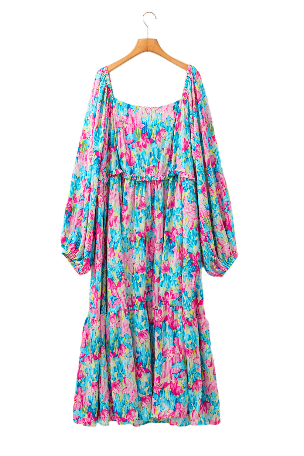 Sky Blue Floral Allover Print Square Neck Plus Size Maxi Dress - Plus Size Dresses