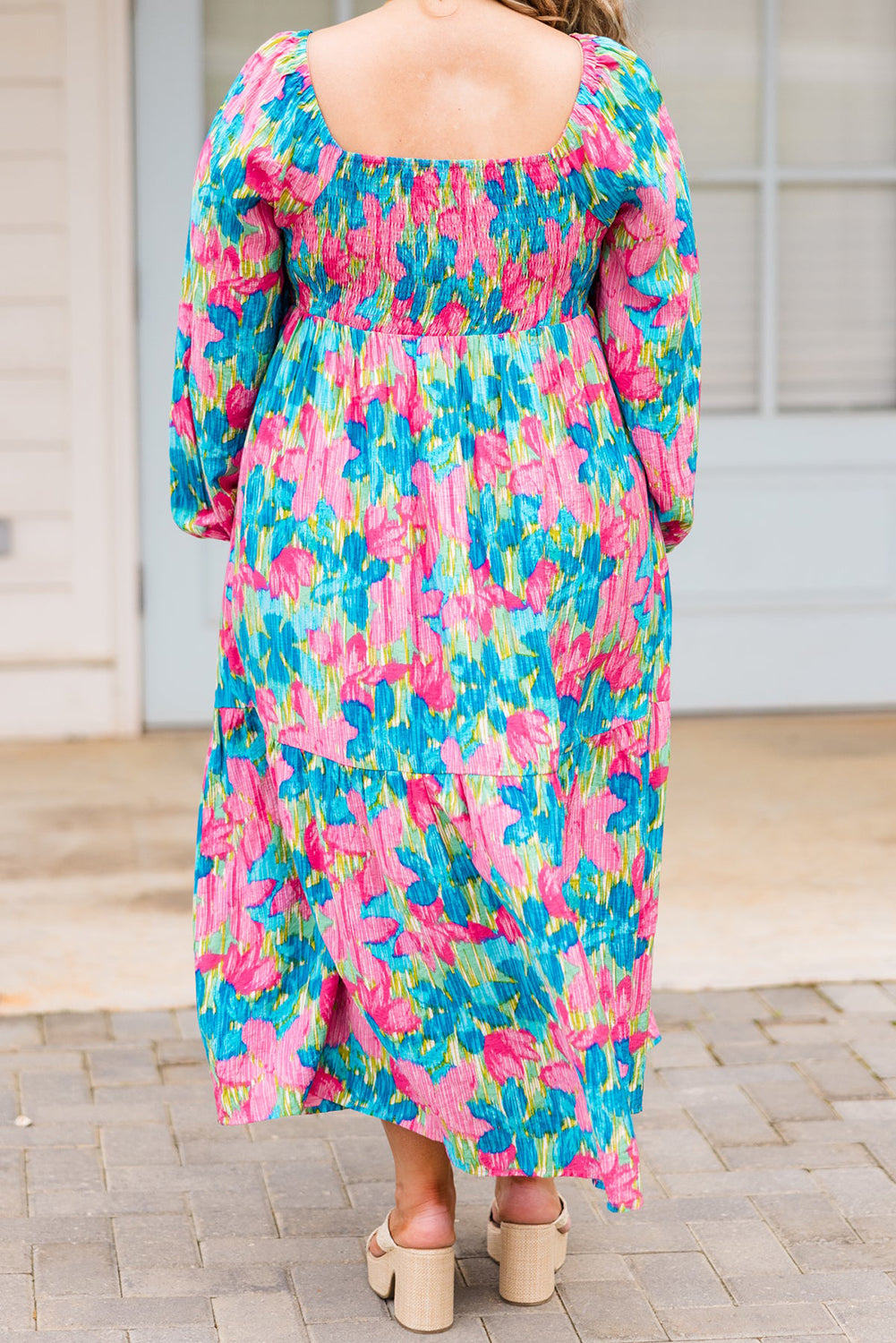 Sky Blue Floral Allover Print Square Neck Plus Size Maxi Dress - Plus Size Dresses