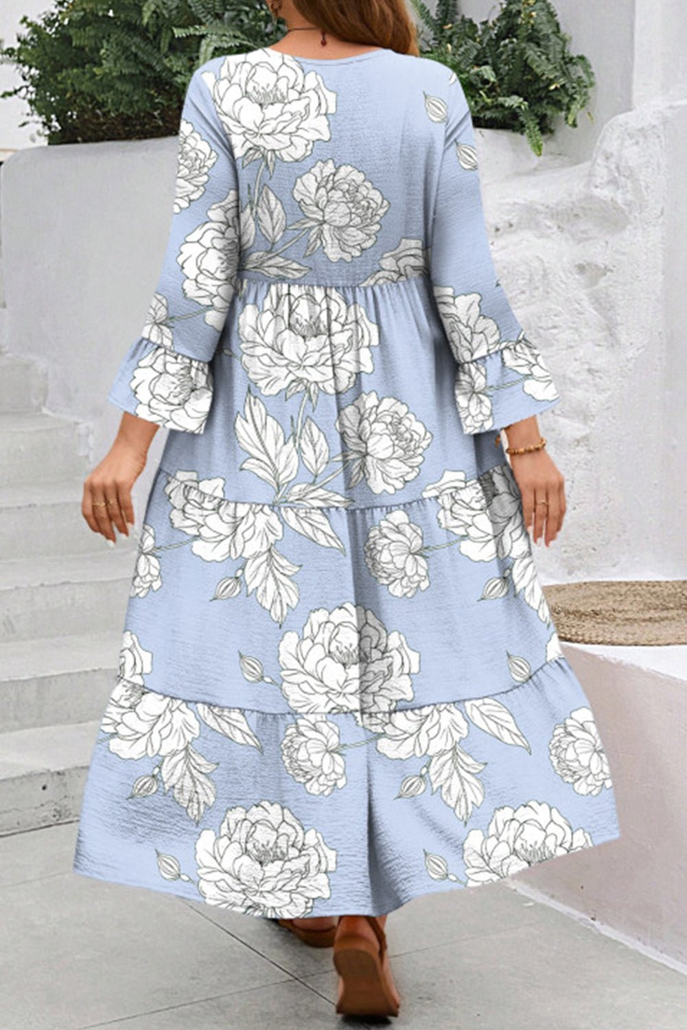 Sky Blue Floral Bell Sleeve V Neck Plus Size Tiered Maxi Dress - MAD RUFFI