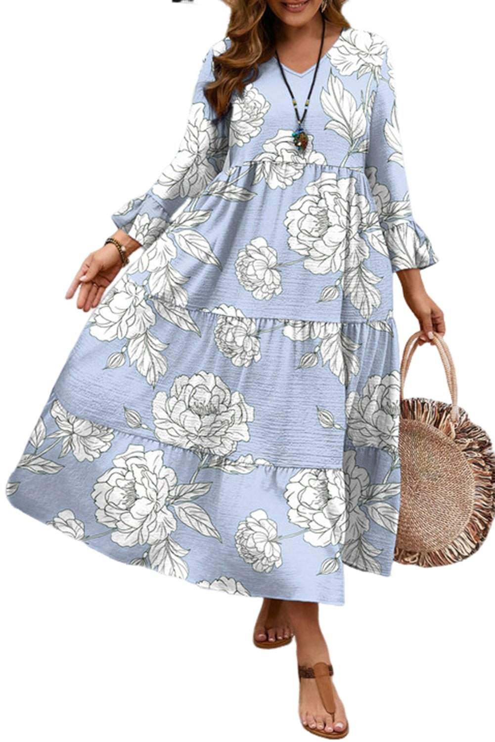 Sky Blue Floral Bell Sleeve V Neck Plus Size Tiered Maxi Dress - MAD RUFFI