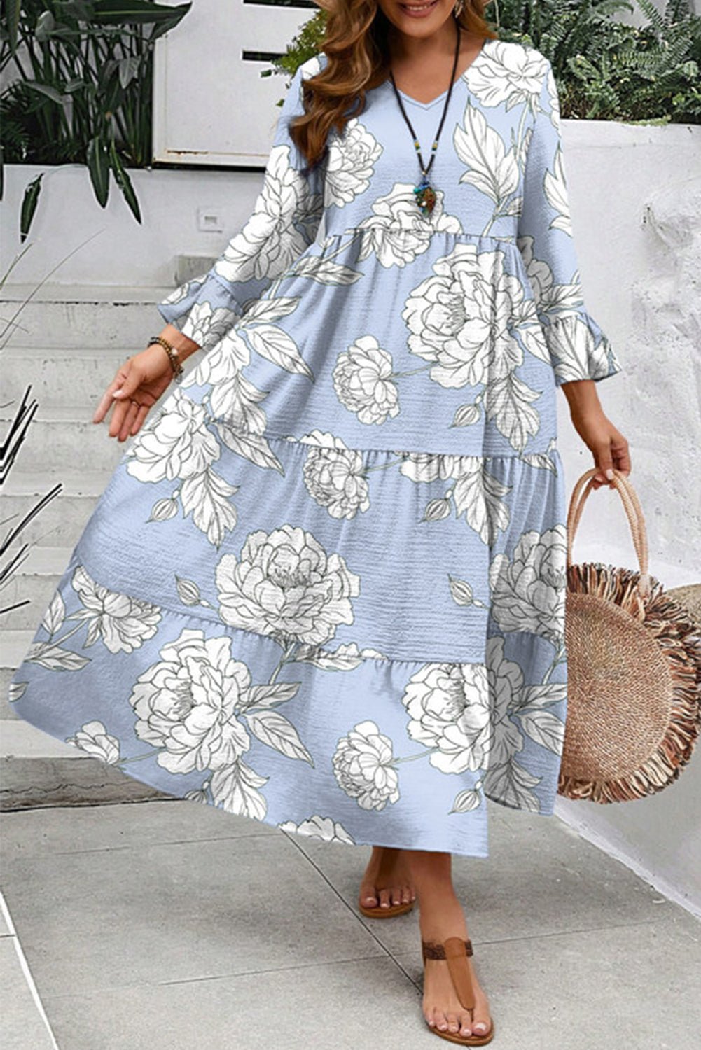 Sky Blue Floral Bell Sleeve V Neck Plus Size Tiered Maxi Dress - MAD RUFFI