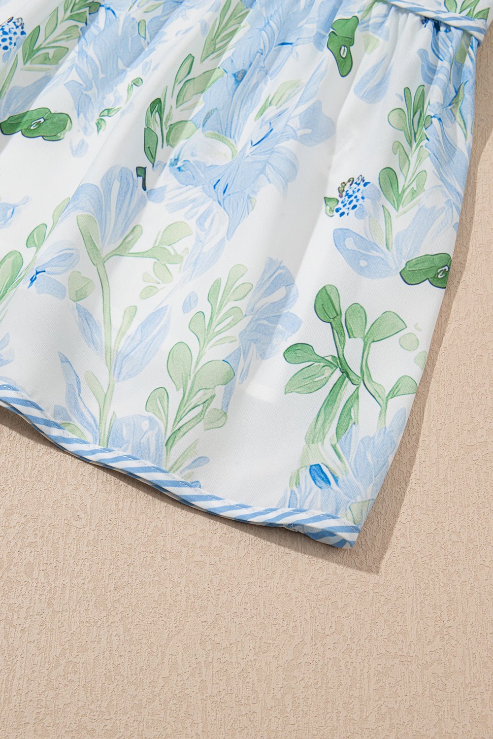 Sky Blue Floral Contrast Edge Ruffle Sleeve Tie Neck Mini Dress - MAD RUFFI