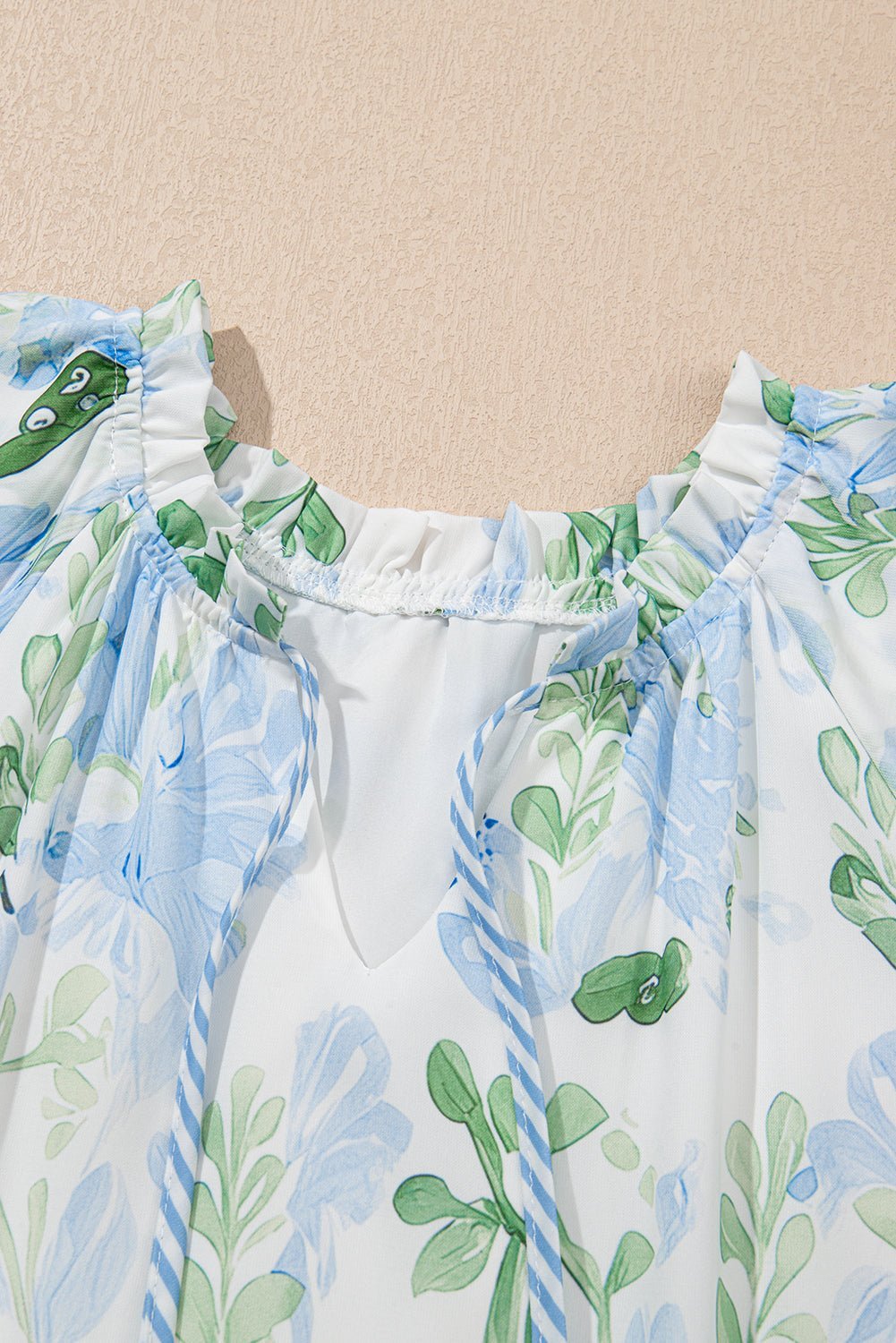 Sky Blue Floral Contrast Edge Ruffle Sleeve Tie Neck Mini Dress - MAD RUFFI