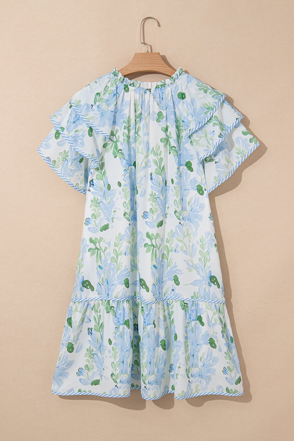 Sky Blue Floral Contrast Edge Ruffle Sleeve Tie Neck Mini Dress - MAD RUFFI