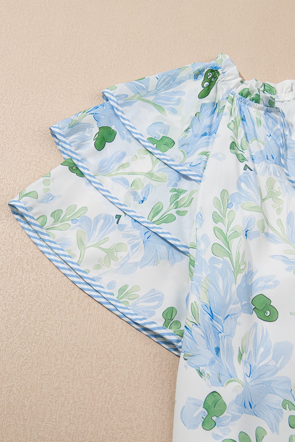 Sky Blue Floral Contrast Edge Ruffle Sleeve Tie Neck Mini Dress - MAD RUFFI