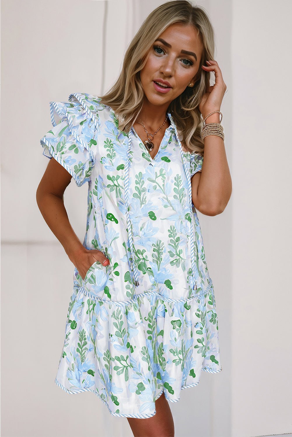 Sky Blue Floral Contrast Edge Ruffle Sleeve Tie Neck Mini Dress - MAD RUFFI