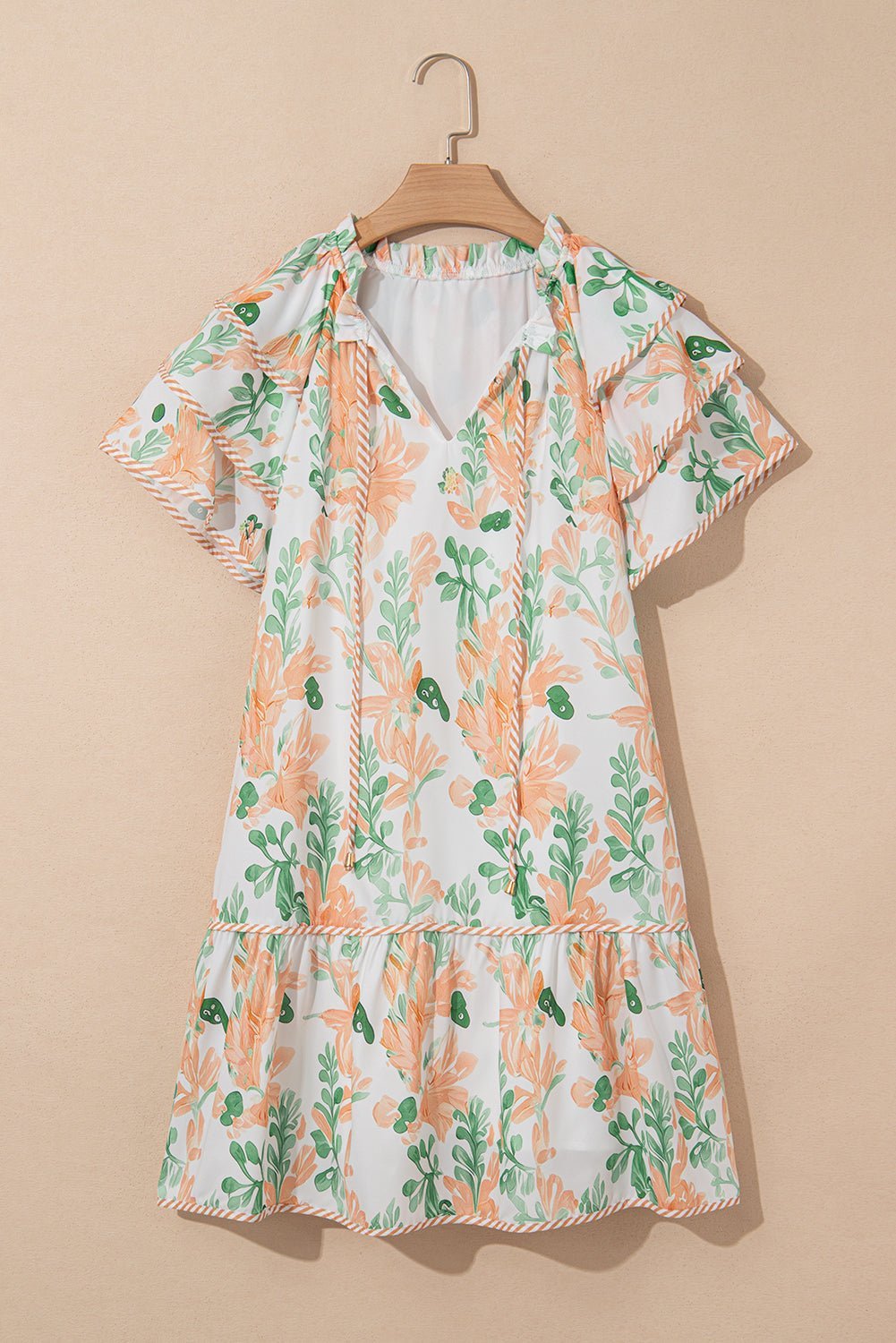 Sky Blue Floral Contrast Edge Ruffle Sleeve Tie Neck Mini Dress - MAD RUFFI