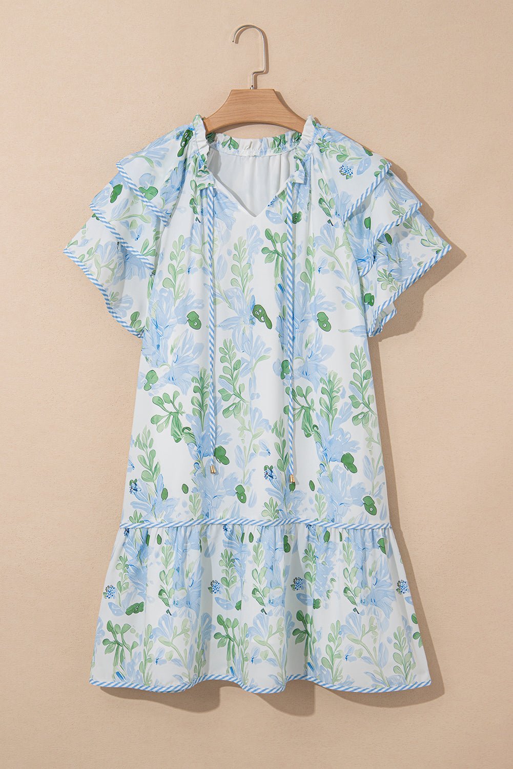 Sky Blue Floral Contrast Edge Ruffle Sleeve Tie Neck Mini Dress - MAD RUFFI