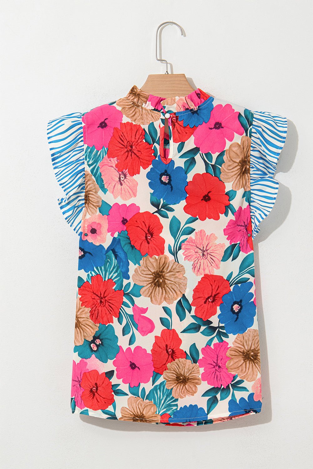 sky blue floral mock neck striped ruffle blouse - MAD RUFFI