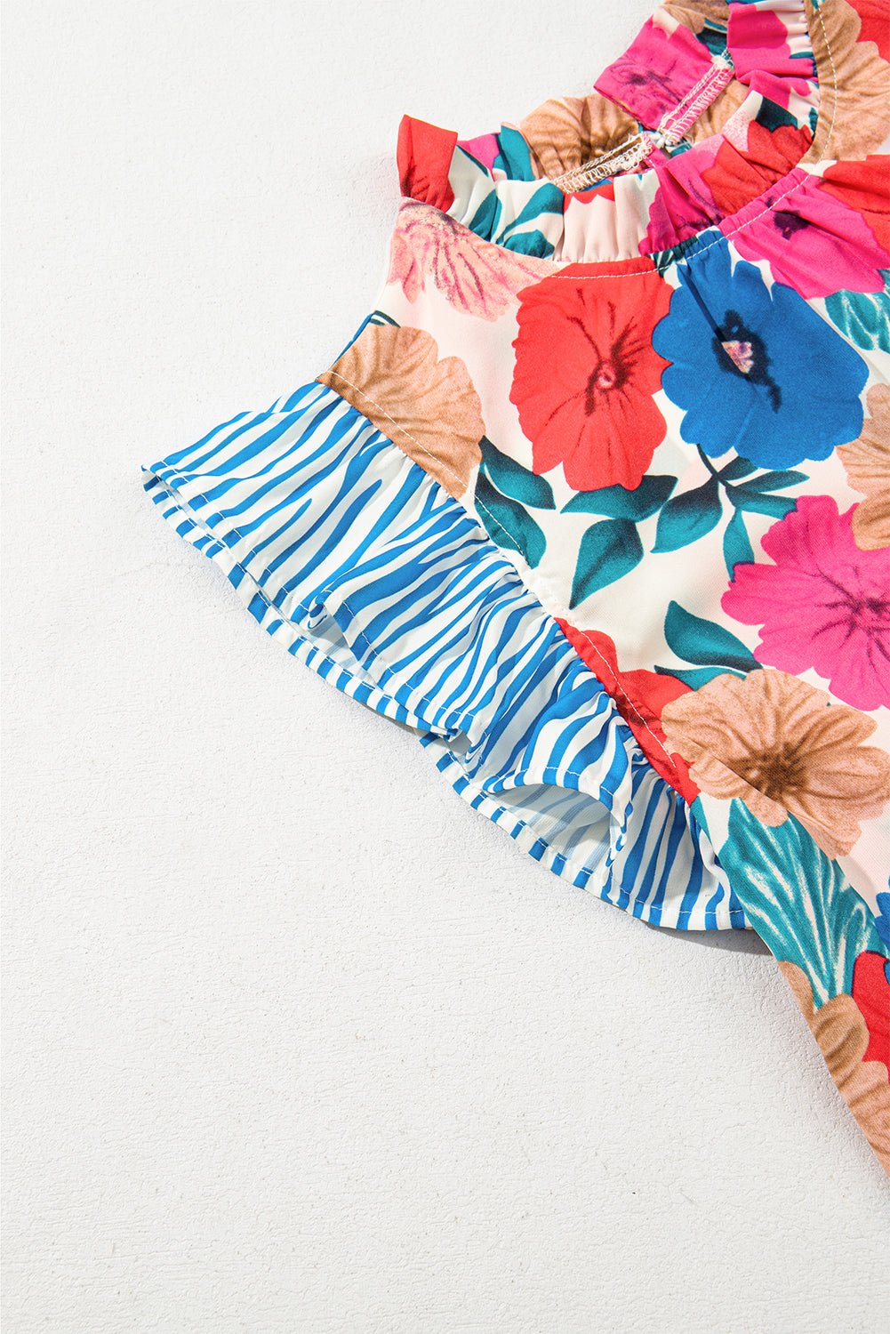 sky blue floral mock neck striped ruffle blouse - MAD RUFFI