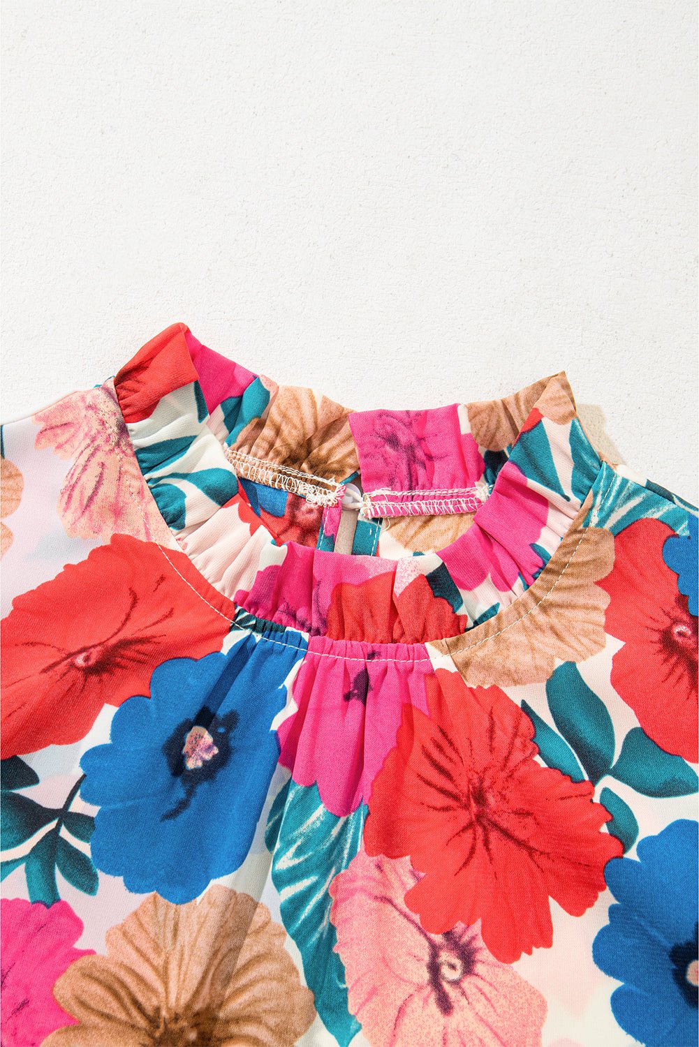 sky blue floral mock neck striped ruffle blouse - MAD RUFFI