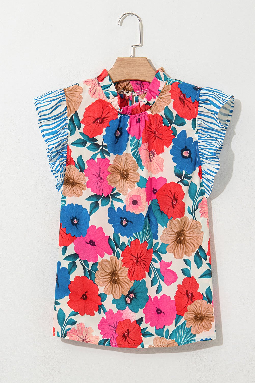 sky blue floral mock neck striped ruffle blouse - MAD RUFFI