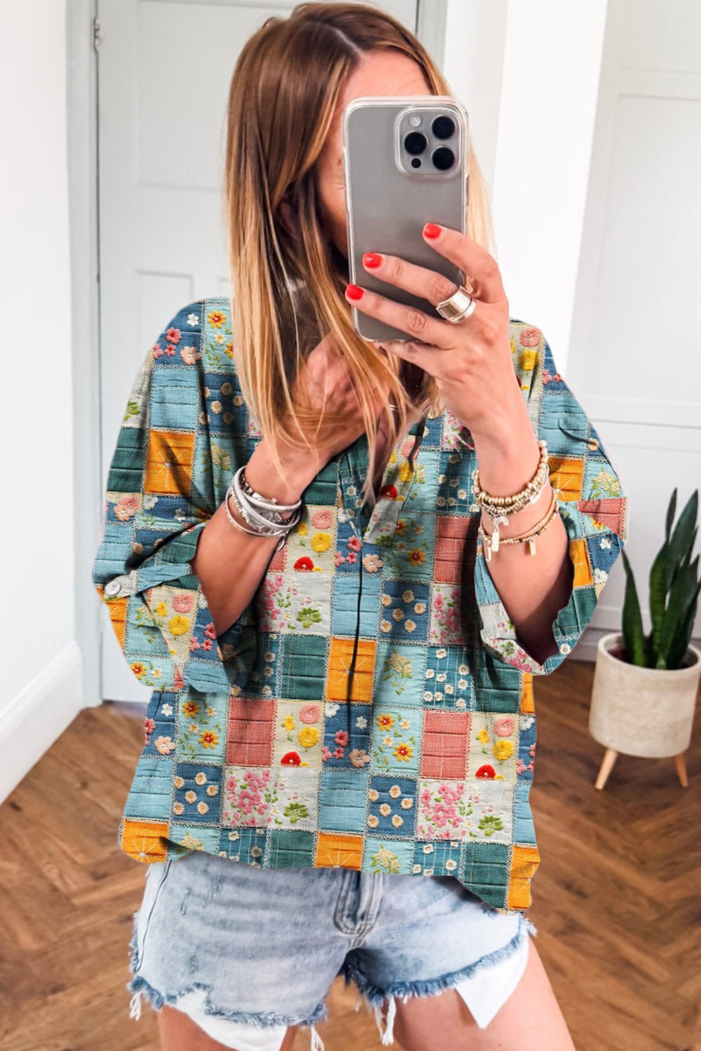 Sky Blue Floral Patchwork Collared V Neck Blouse - MAD RUFFI