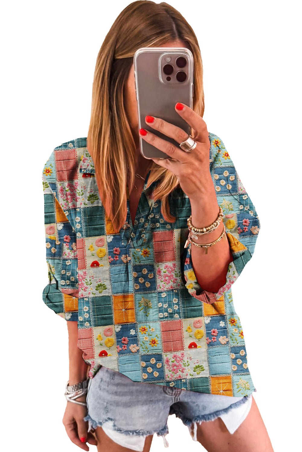 Sky Blue Floral Patchwork Collared V Neck Blouse - MAD RUFFI