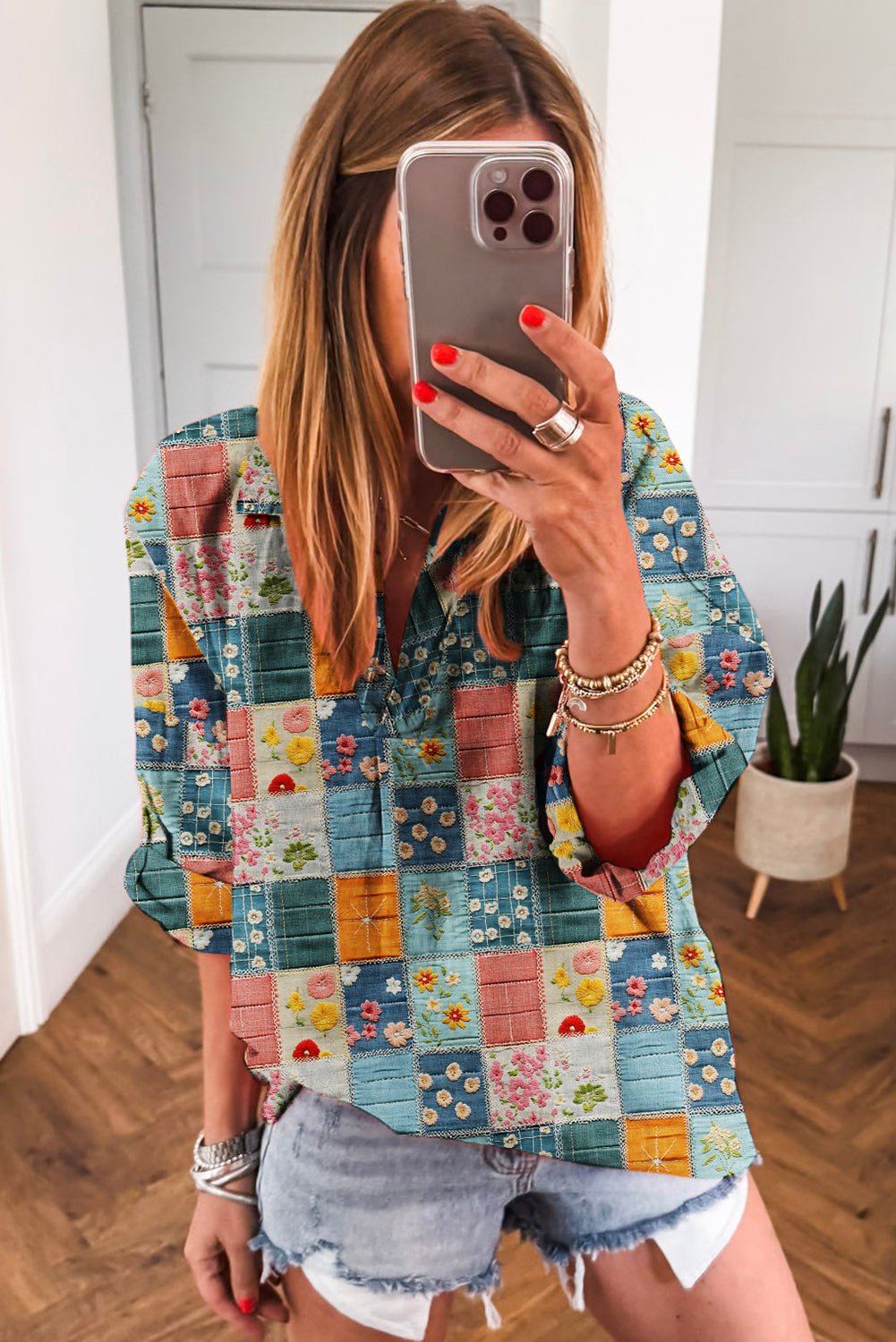 Sky Blue Floral Patchwork Collared V Neck Blouse - MAD RUFFI