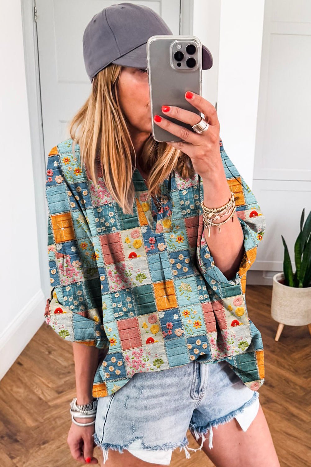 Sky Blue Floral Patchwork Collared V Neck Blouse - MAD RUFFI