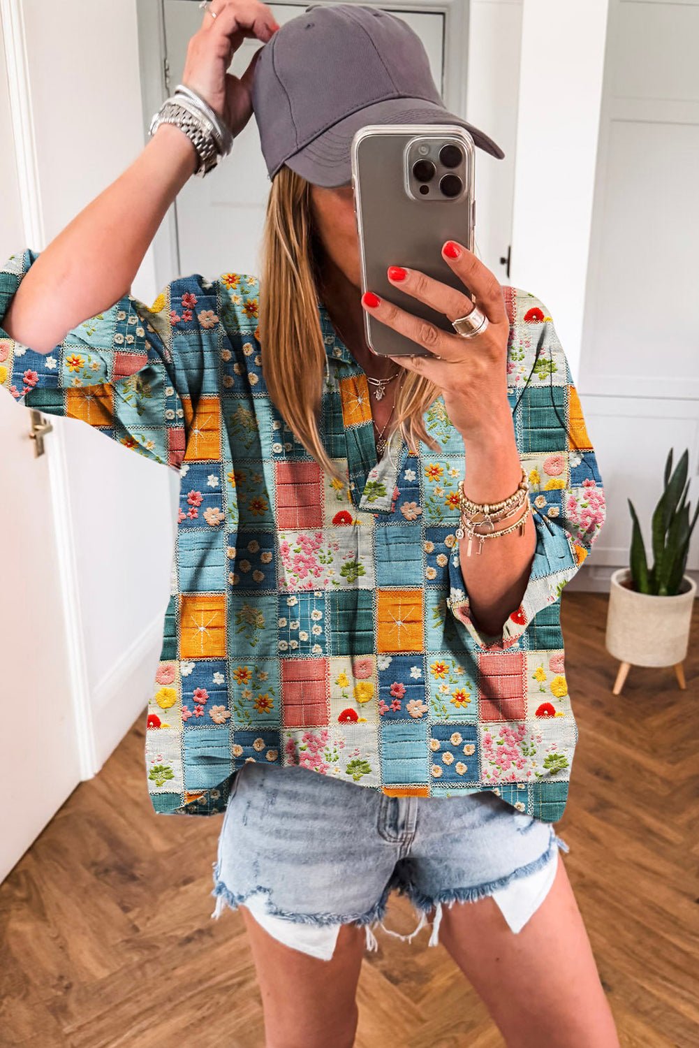 Sky Blue Floral Patchwork Collared V Neck Blouse - MAD RUFFI