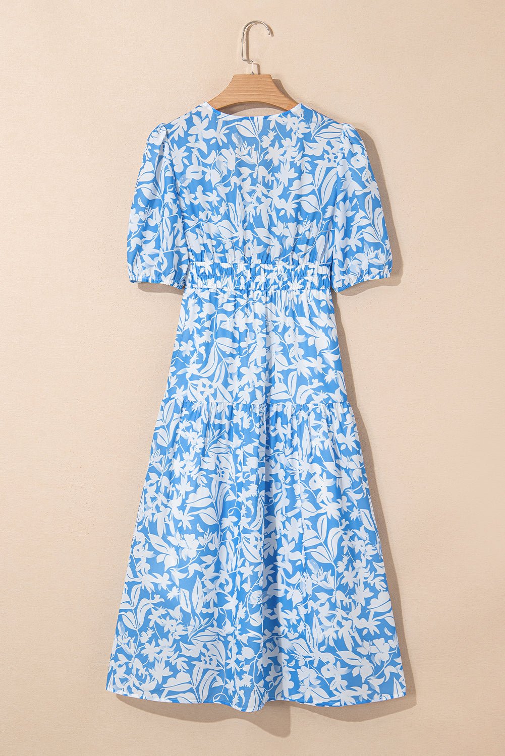 Sky Blue Floral Print Deep V Neck Puff Sleeve Flowy Dress - MAD RUFFI