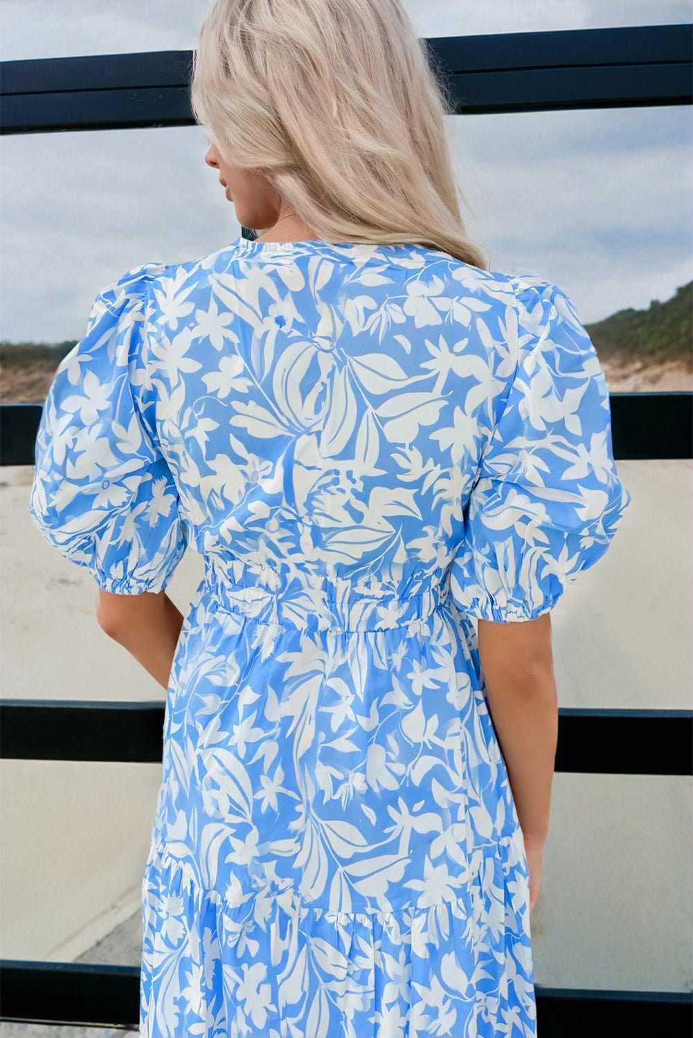 Sky Blue Floral Print Deep V Neck Puff Sleeve Flowy Dress - MAD RUFFI