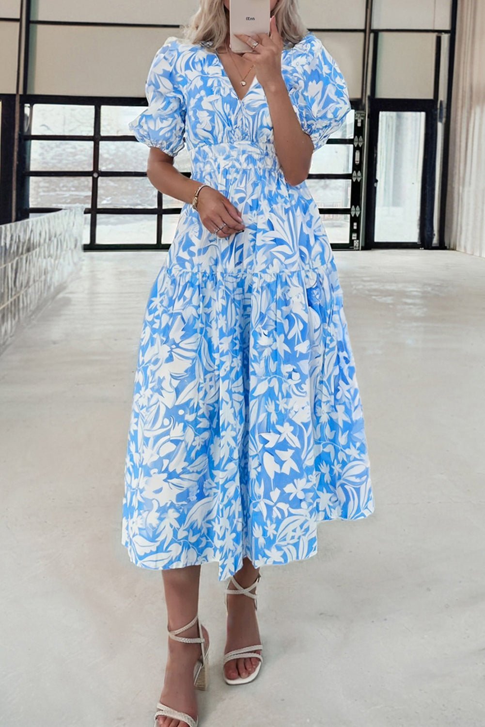 Sky Blue Floral Print Deep V Neck Puff Sleeve Flowy Dress - MAD RUFFI