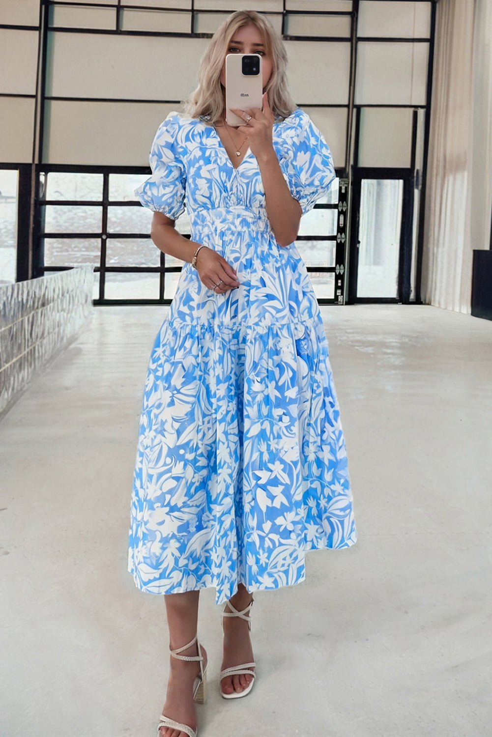 Sky Blue Floral Print Deep V Neck Puff Sleeve Flowy Dress - MAD RUFFI