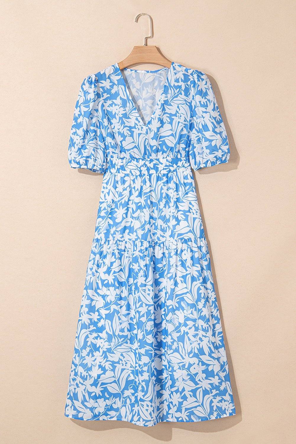 Sky Blue Floral Print Deep V Neck Puff Sleeve Flowy Dress - MAD RUFFI
