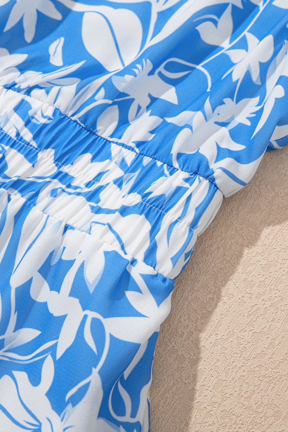 Sky Blue Floral Print Deep V Neck Puff Sleeve Flowy Dress - MAD RUFFI