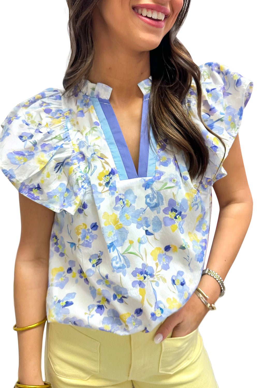 Sky Blue Floral Print Frilled Notch V Neck Ruffle Blouse - MAD RUFFI