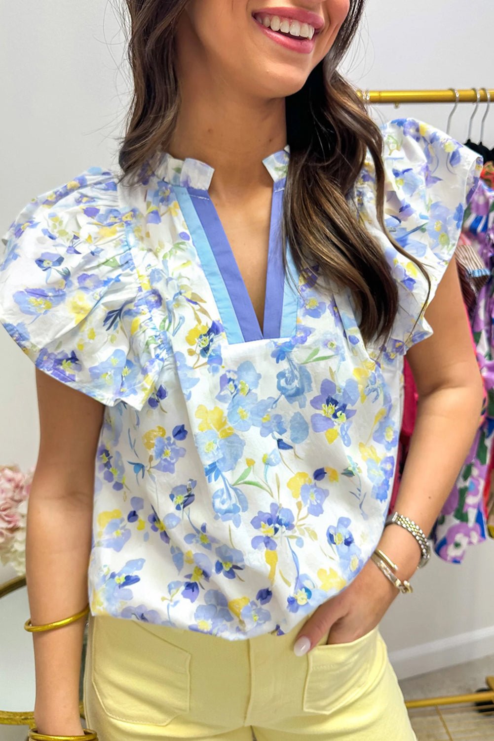 Sky Blue Floral Print Frilled Notch V Neck Ruffle Blouse - MAD RUFFI