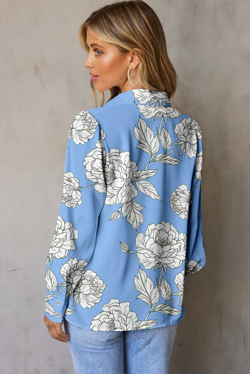 Sky Blue Floral Print Pleated Puff Sleeve Shirt - MAD RUFFI