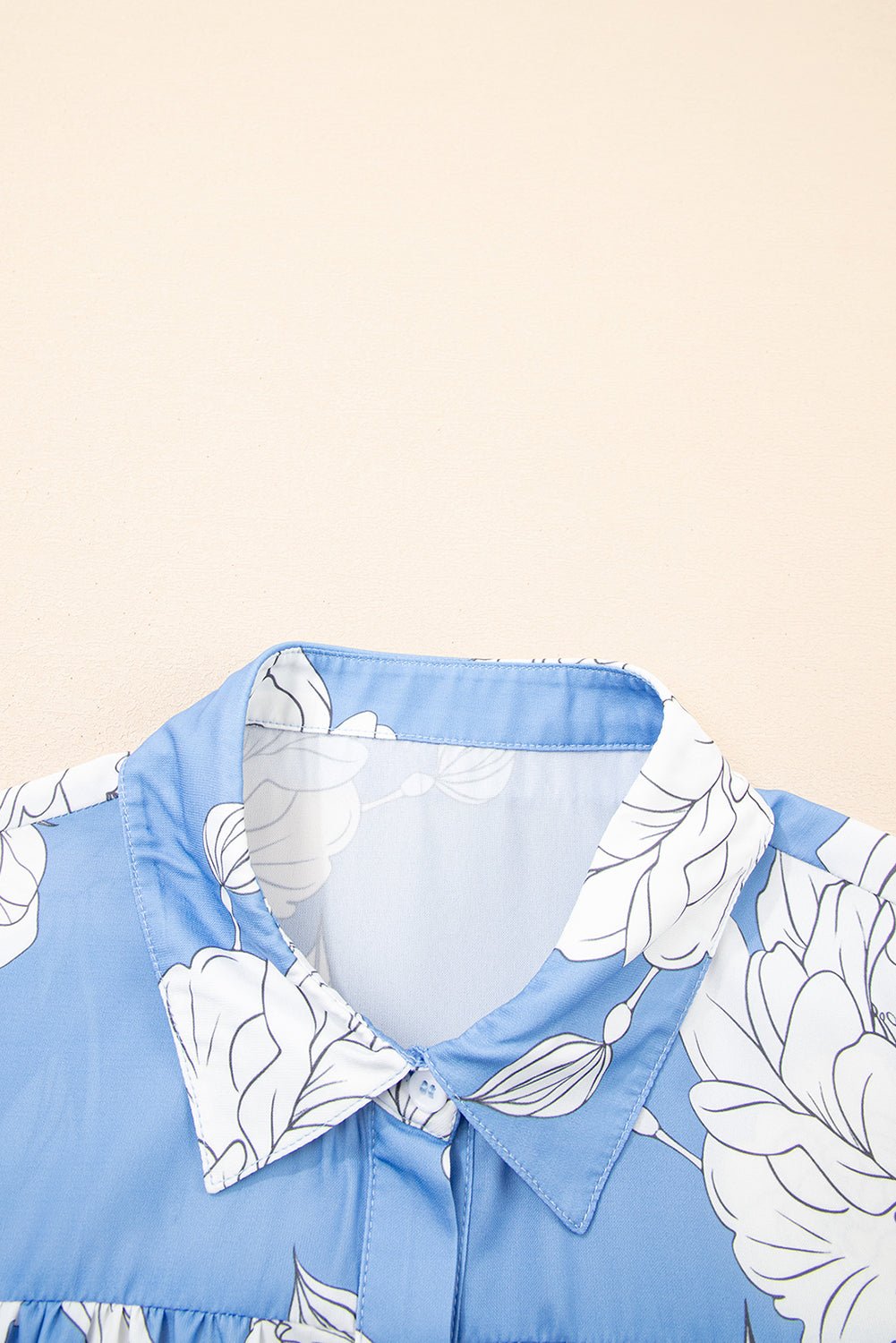 Sky Blue Floral Print Pleated Puff Sleeve Shirt - MAD RUFFI