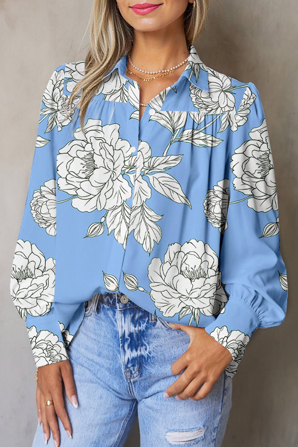 Sky Blue Floral Print Pleated Puff Sleeve Shirt - MAD RUFFI