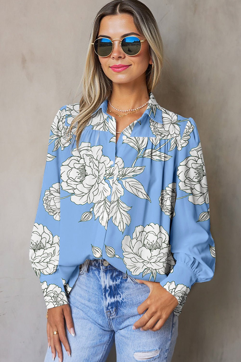 Sky Blue Floral Print Pleated Puff Sleeve Shirt - MAD RUFFI