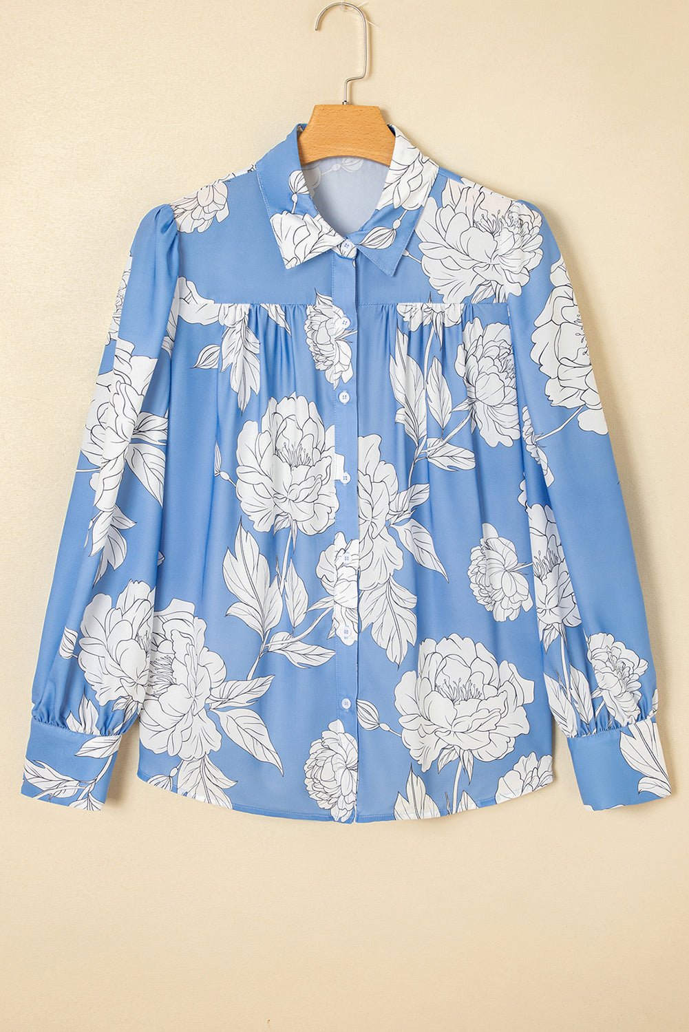 Sky Blue Floral Print Pleated Puff Sleeve Shirt - MAD RUFFI