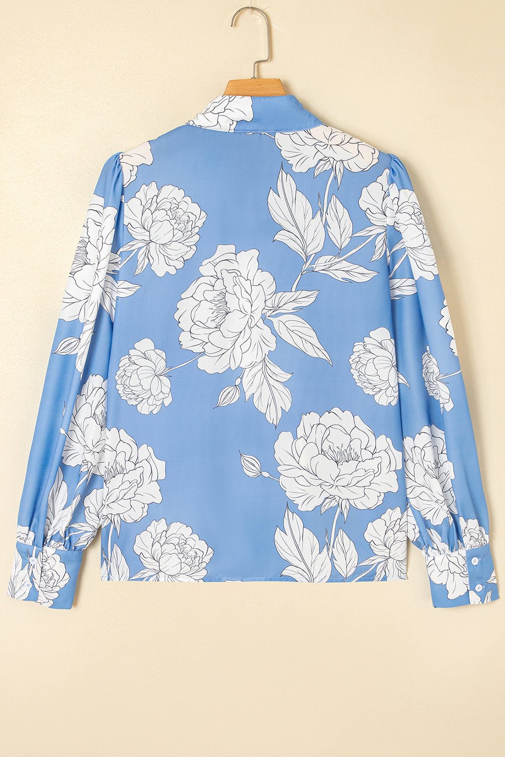 Sky Blue Floral Print Pleated Puff Sleeve Shirt - MAD RUFFI