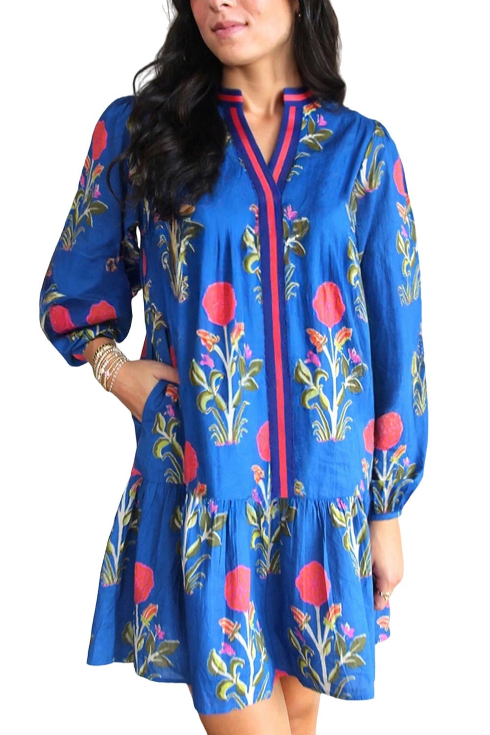 Sky Blue Floral Print Pop of Color V Neck Mini Dress - MAD RUFFI