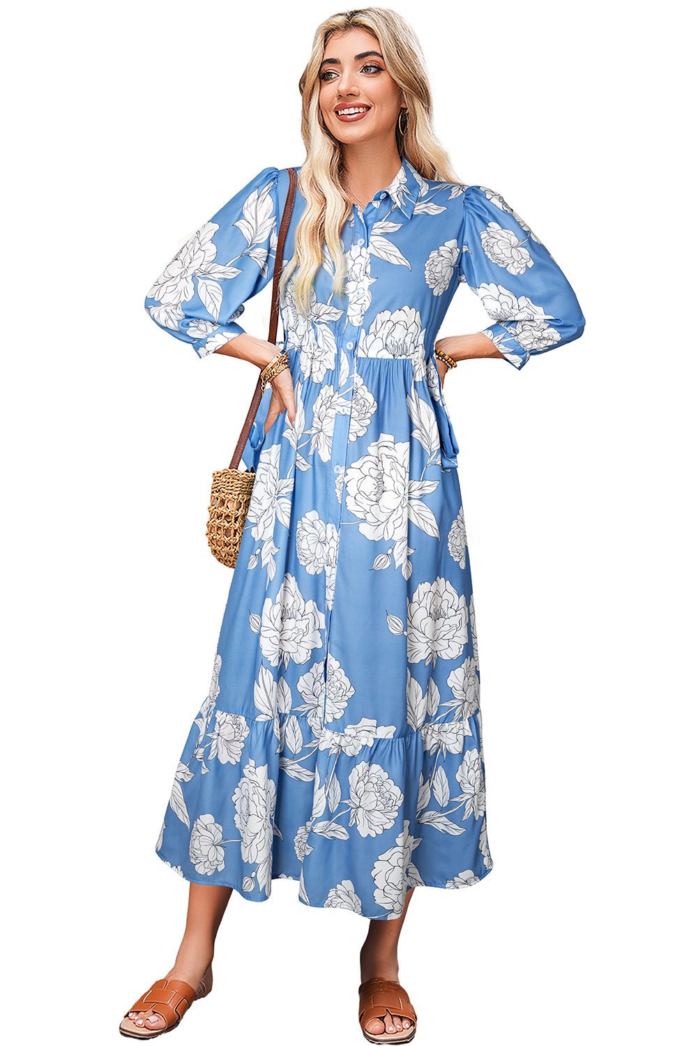 Sky Blue Floral Print Puff Sleeve Collared Dress - MAD RUFFI