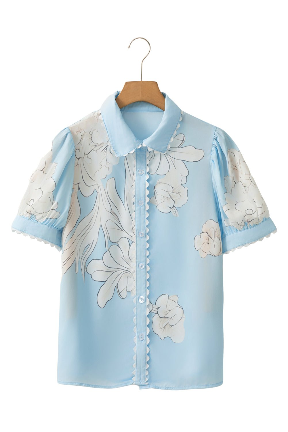 Sky Blue Floral Print Ric Rac Trim Puff Sleeve Button Up Shirt - MAD RUFFI