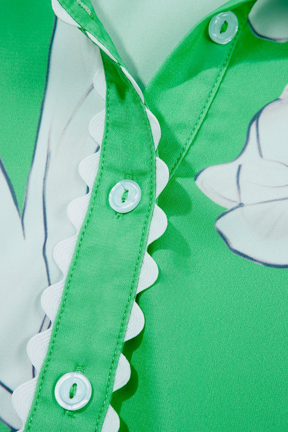 Sky Blue Floral Print Ric Rac Trim Puff Sleeve Button Up Shirt - MAD RUFFI