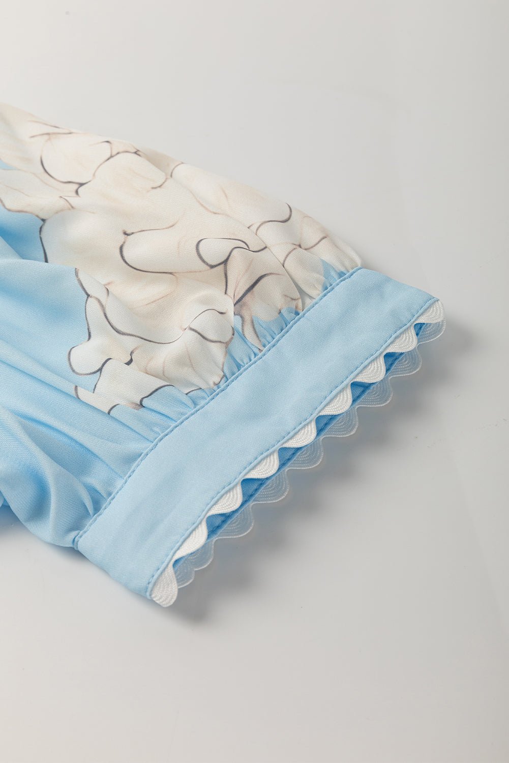 Sky Blue Floral Print Ric Rac Trim Puff Sleeve Button Up Shirt - MAD RUFFI