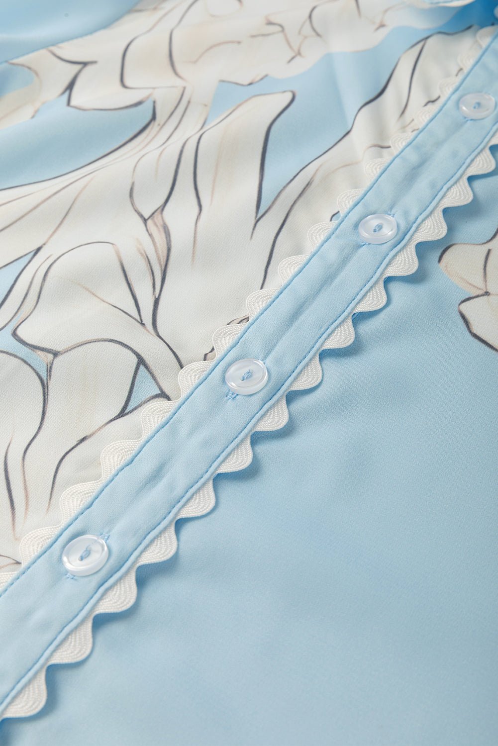Sky Blue Floral Print Ric Rac Trim Puff Sleeve Button Up Shirt - MAD RUFFI
