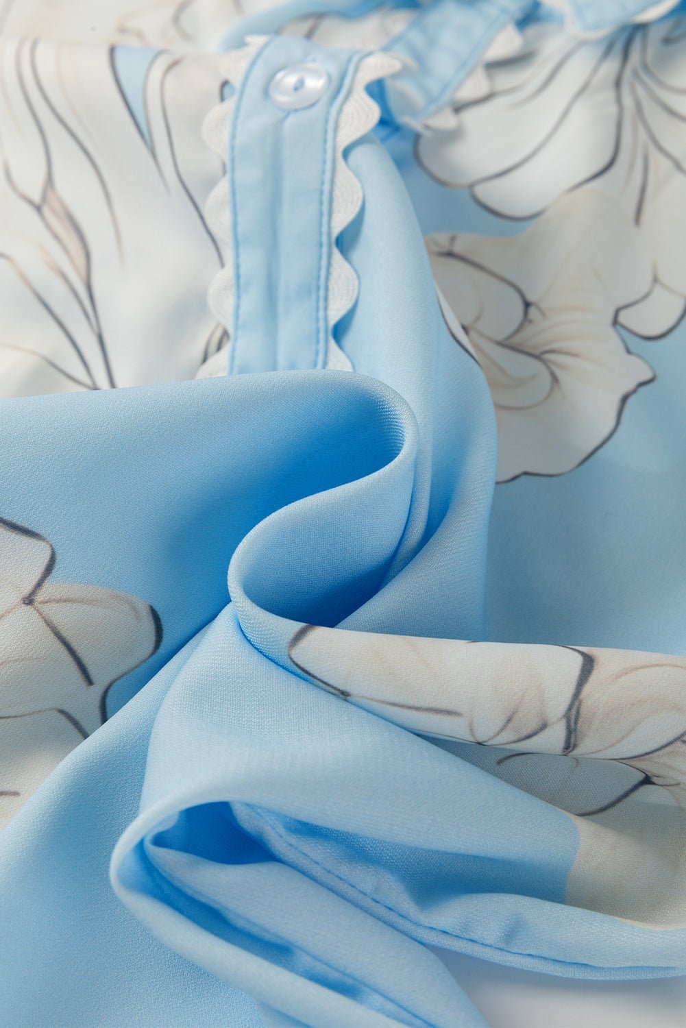 Sky Blue Floral Print Ric Rac Trim Puff Sleeve Button Up Shirt - MAD RUFFI