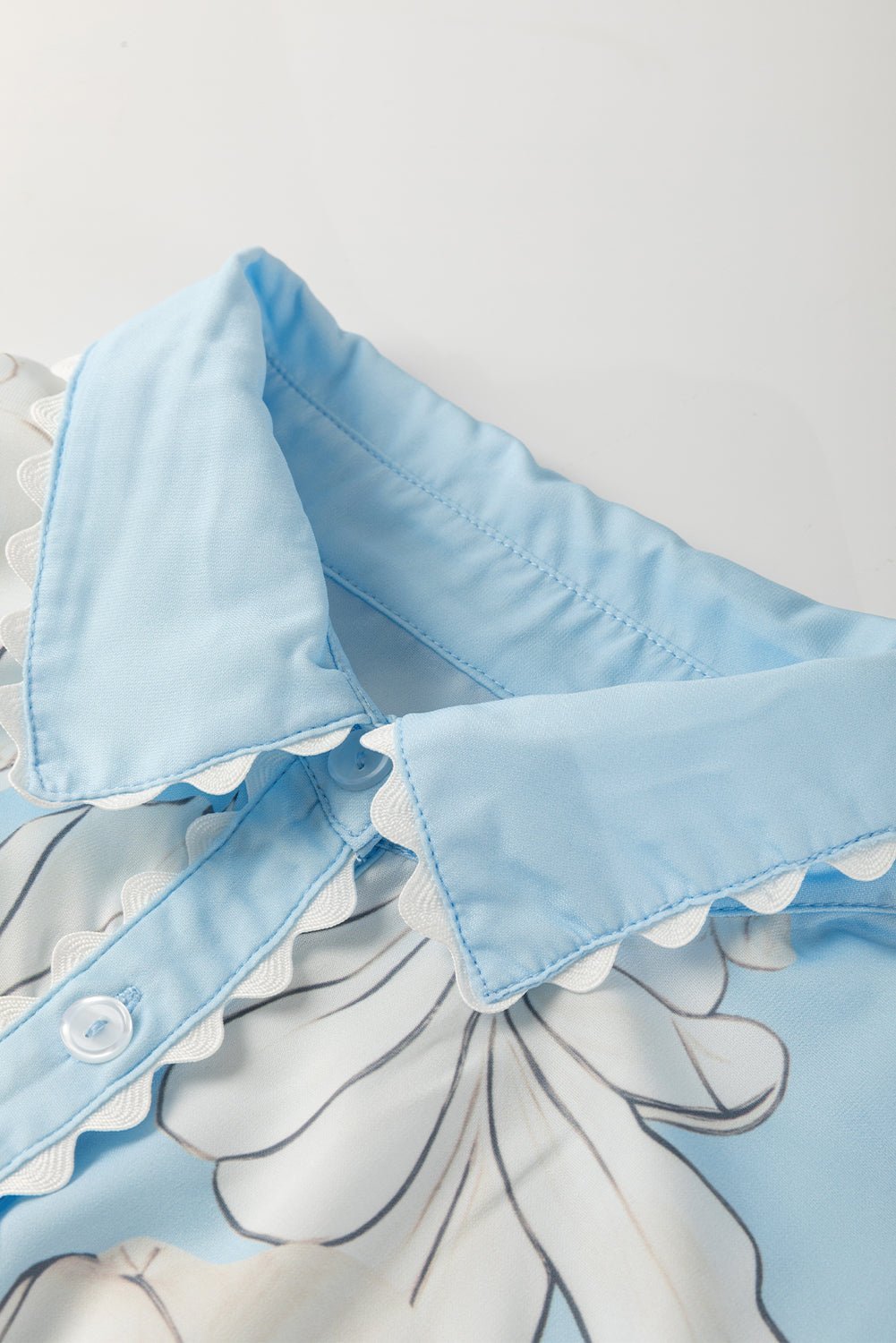 Sky Blue Floral Print Ric Rac Trim Puff Sleeve Button Up Shirt - MAD RUFFI