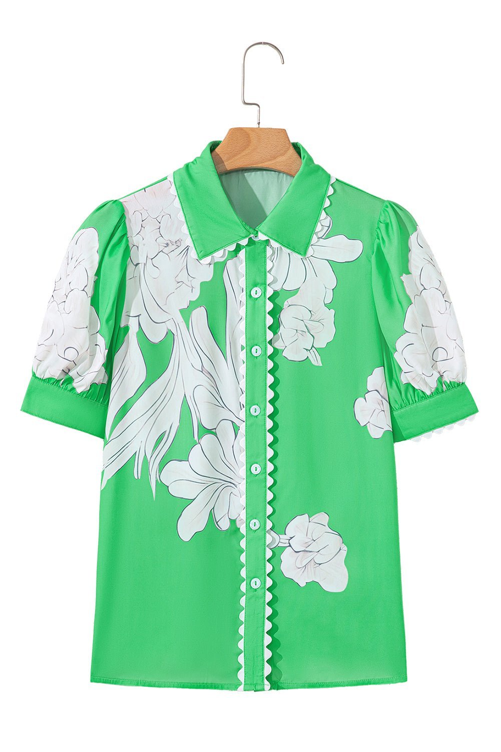 Sky Blue Floral Print Ric Rac Trim Puff Sleeve Button Up Shirt - MAD RUFFI