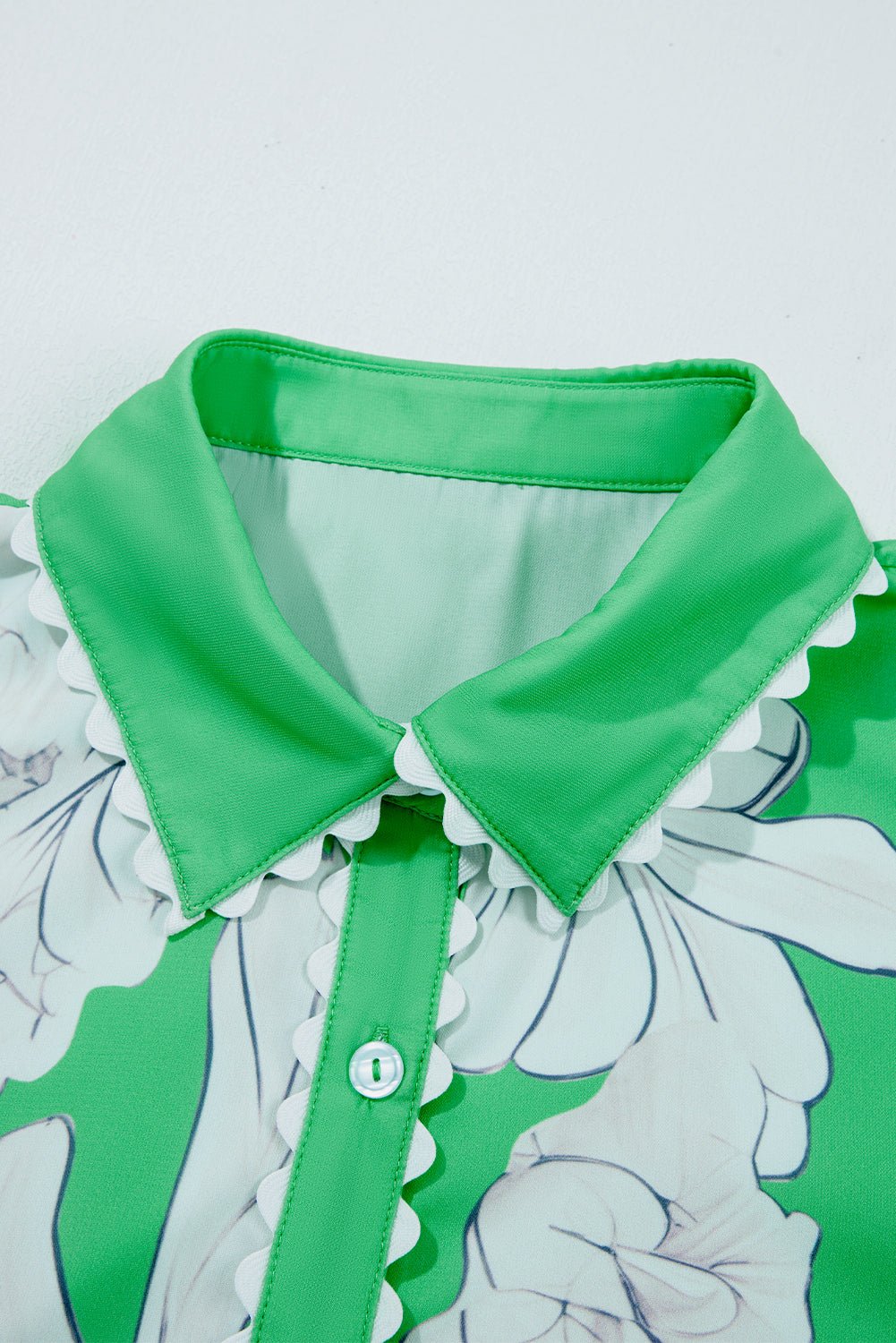 Sky Blue Floral Print Ric Rac Trim Puff Sleeve Button Up Shirt - MAD RUFFI