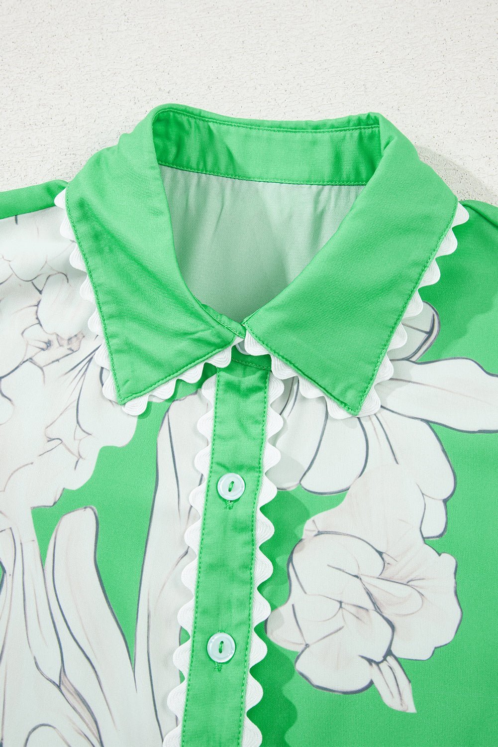 Sky Blue Floral Print Ric Rac Trim Puff Sleeve Button Up Shirt - MAD RUFFI