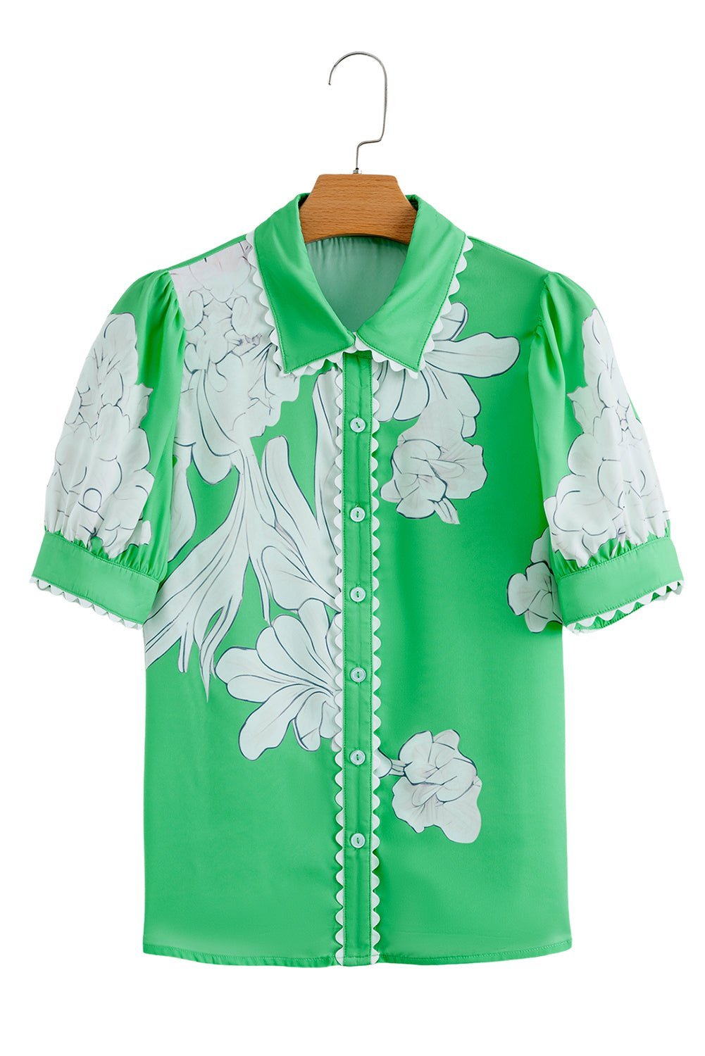 Sky Blue Floral Print Ric Rac Trim Puff Sleeve Button Up Shirt - MAD RUFFI