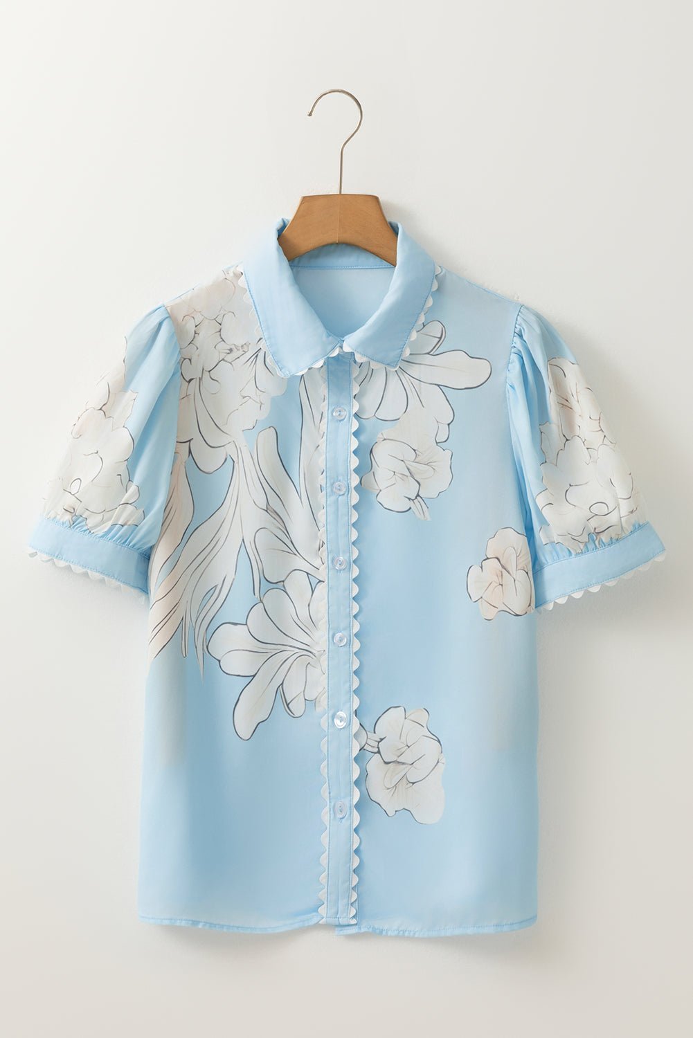 Sky Blue Floral Print Ric Rac Trim Puff Sleeve Button Up Shirt - MAD RUFFI